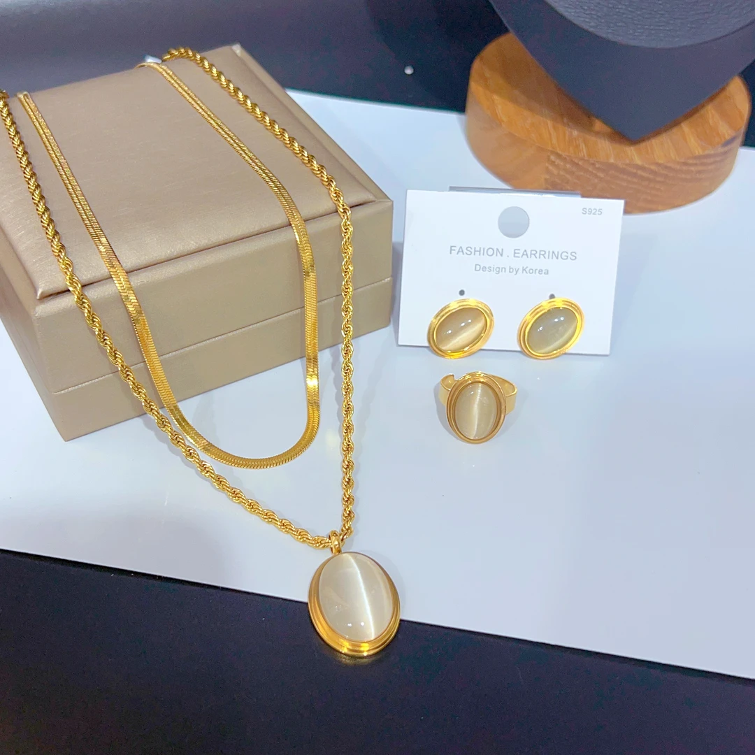 钛钢项链 莱依拉时尚钛钢三件套项链耳饰094百搭简约精美双层坠链