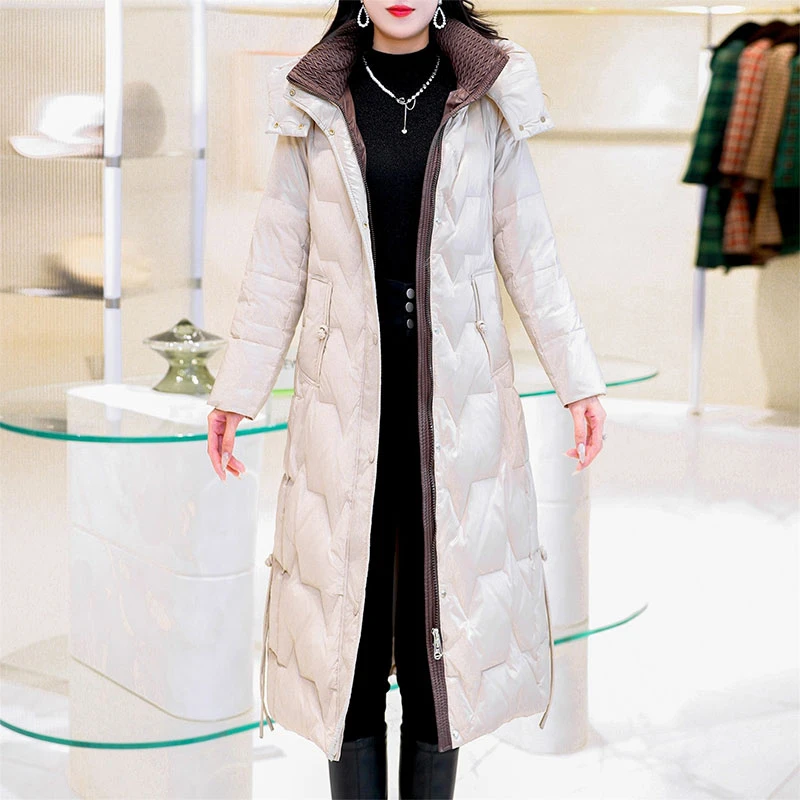 亮面防水免洗棉服长款过膝冬季新款洋气显瘦大码拼色加厚棉袄外套