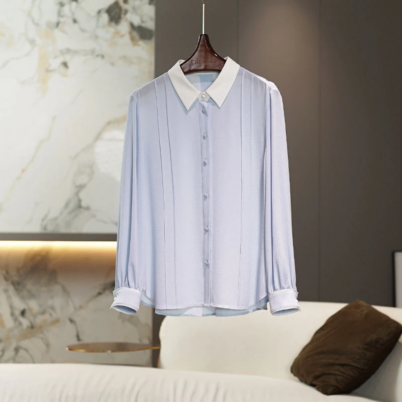 【鬼绉真丝】蓝色拼色撞料衬衫女2025春季新款休闲方领打条衬衣
