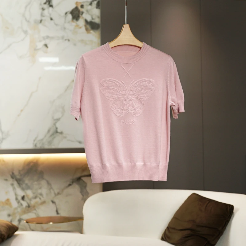 蝴蝶提花丝毛混纺毛针织衫2025春季新款时尚气质百搭女士上衣