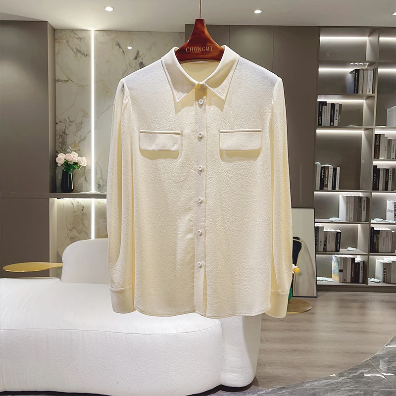 CHONGMI 鬼绉桑蚕丝方领上衣女2024早春新款长袖明线立体装饰衬衫