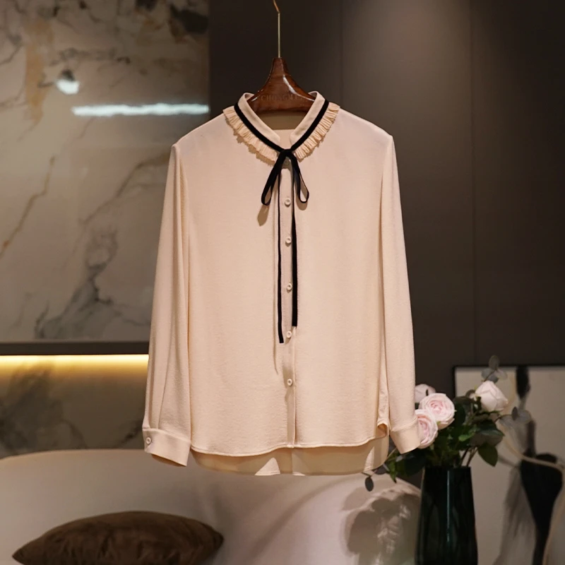 肤粉色重磅桑蚕丝鬼绉真丝衬衫女2024早秋季新款气质显瘦衬衣女装