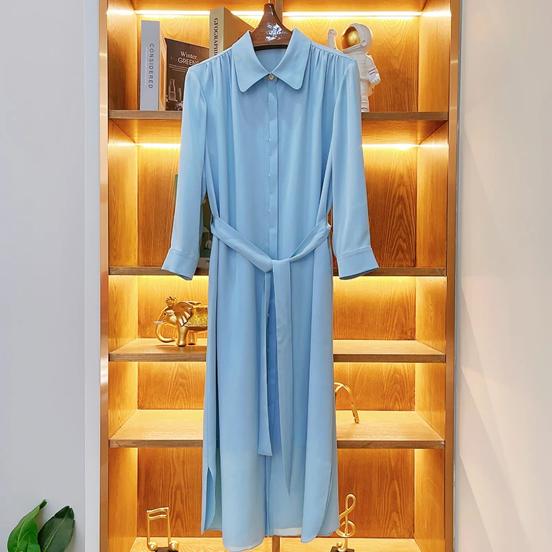 【天青蓝】足23姆米重磅真丝连衣裙女2024春季新款桑蚕丝裙子女