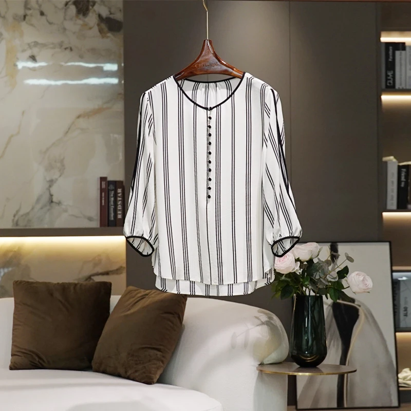【双绉真丝】条纹桑蚕丝衬衫女2024夏季新款时尚百搭简约时尚上衣
