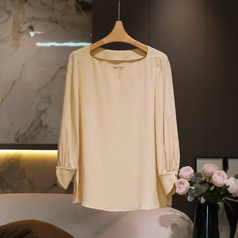 【鬼绉桑蚕丝】奶茶色真丝衬衫女长袖2024秋季新款气质百搭显瘦上衣