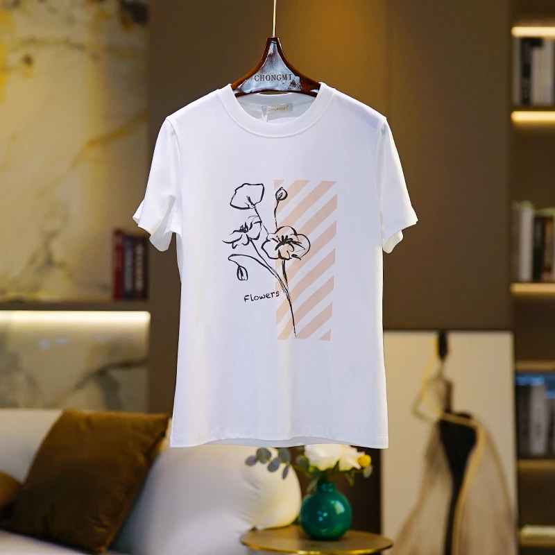 CHONGMI 白色短袖印染T恤2024夏季新款圆领体恤休闲潮流上衣女