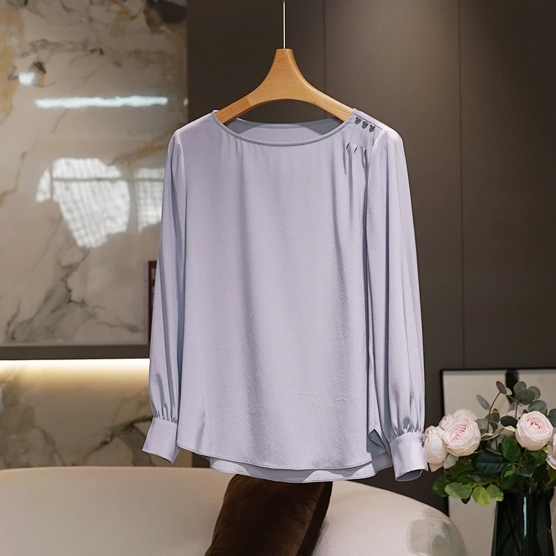 【重绉桑蚕丝】灰色真丝衬衫女2024秋季新款气质百搭显瘦长袖上衣