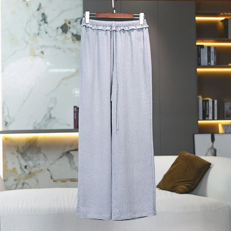 细条泡泡纱灰色真丝桑蚕丝休闲阔腿裤长款2025年春季百搭显瘦裤子