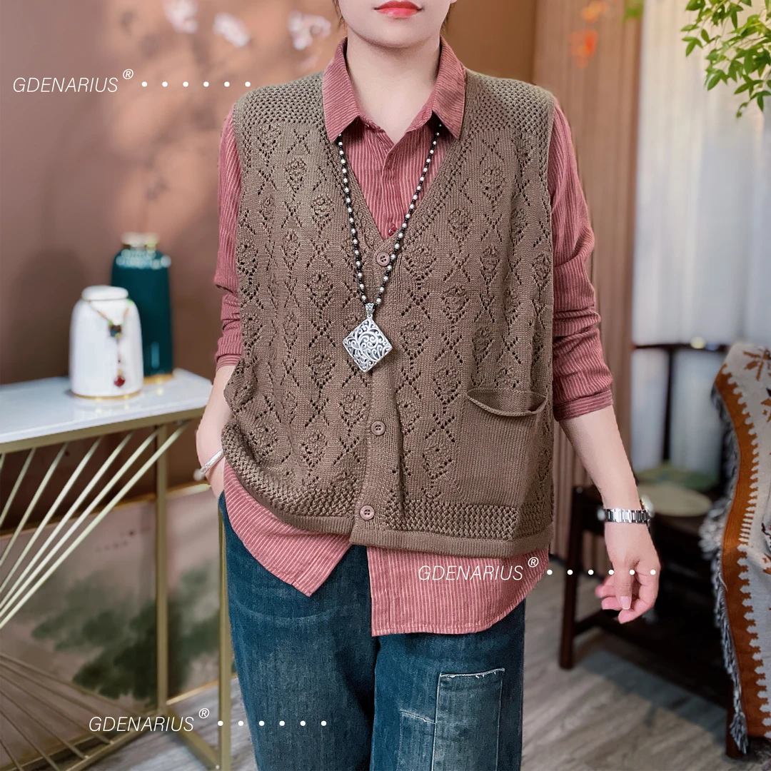 X纹镂空提花V领无袖针织马甲舒适透气宽松显瘦上衣气质百搭妈妈装