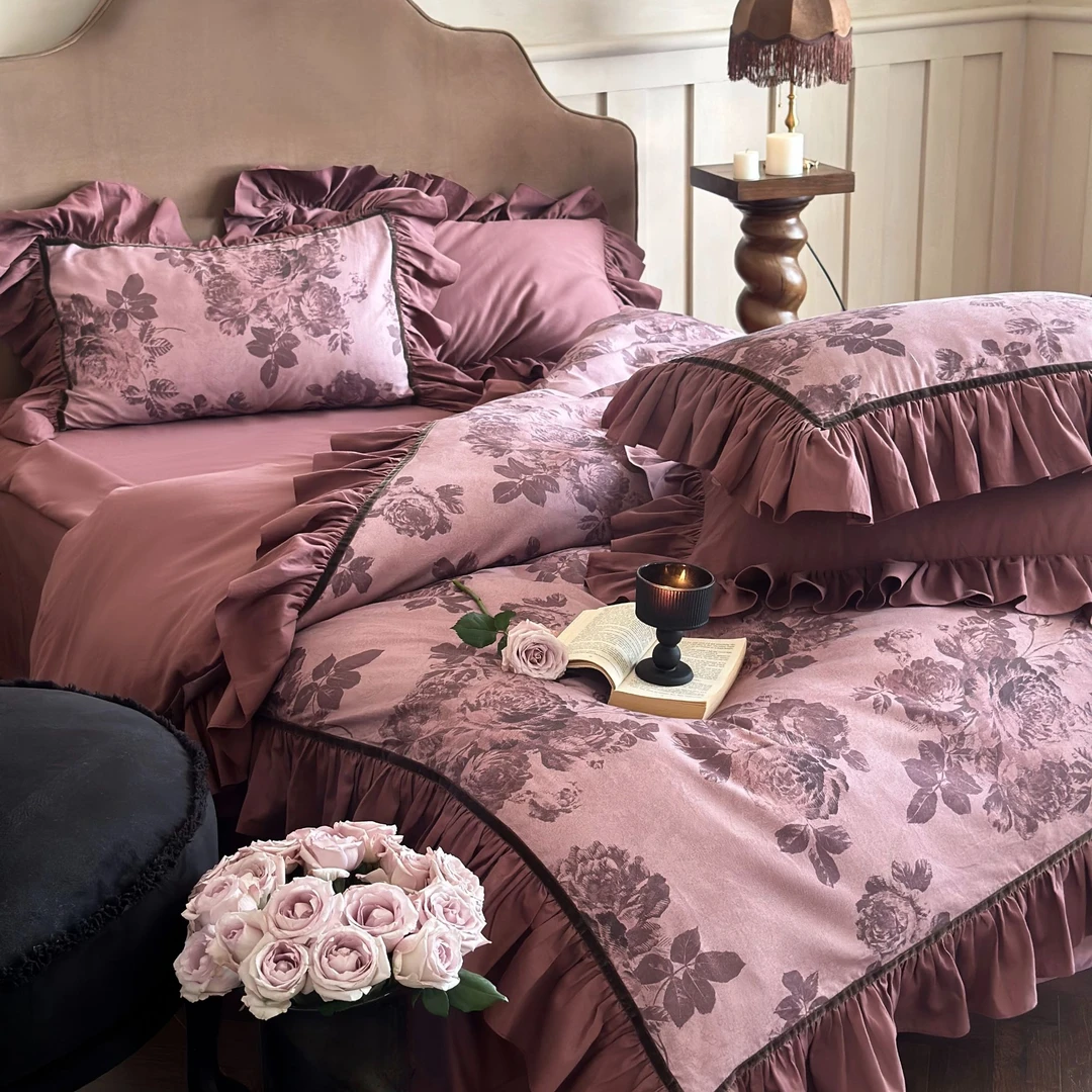 【芙琳安可】法式复古轻奢全棉磨毛公主风花边床裙款四件套