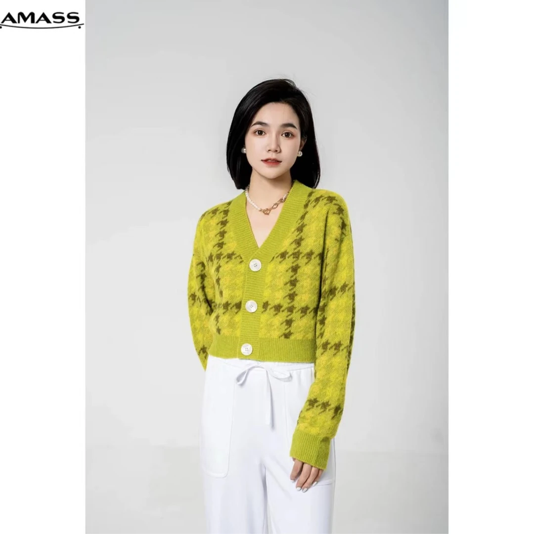 AMASS/阿玛施千鸟格小香风气质秋冬短款绵羊毛开衫毛衣5499144