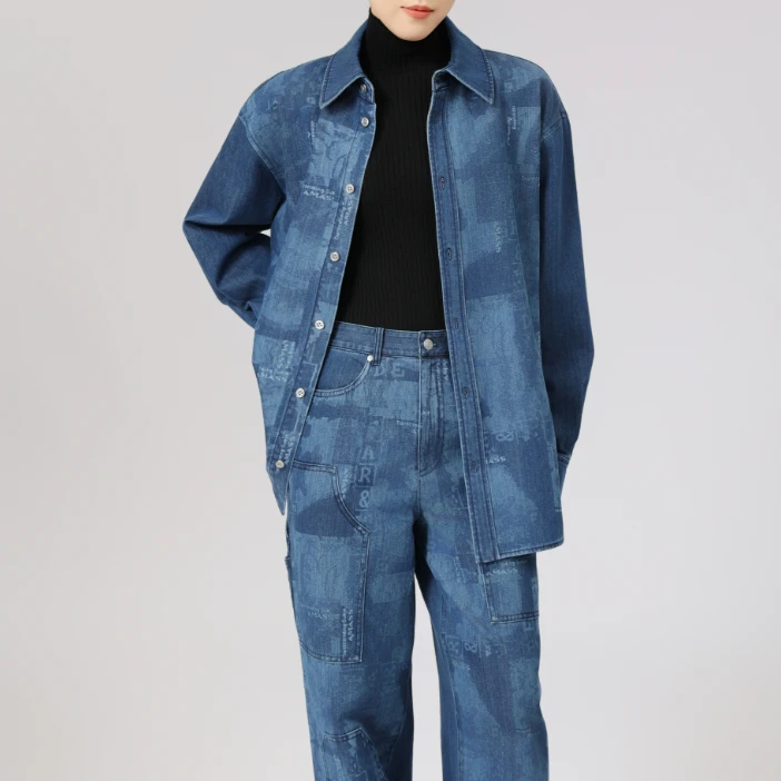 AMASS/阿玛施24秋冬新款百搭时尚复古拼接牛仔衬衫衬衣5300870