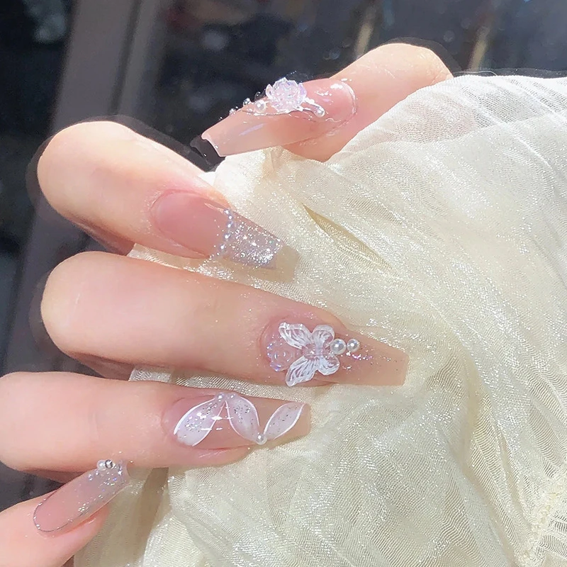 粉透裸色纯欲ins风钻款穿戴甲立体水晶蝴蝶白色飘带仙气美甲贴片
