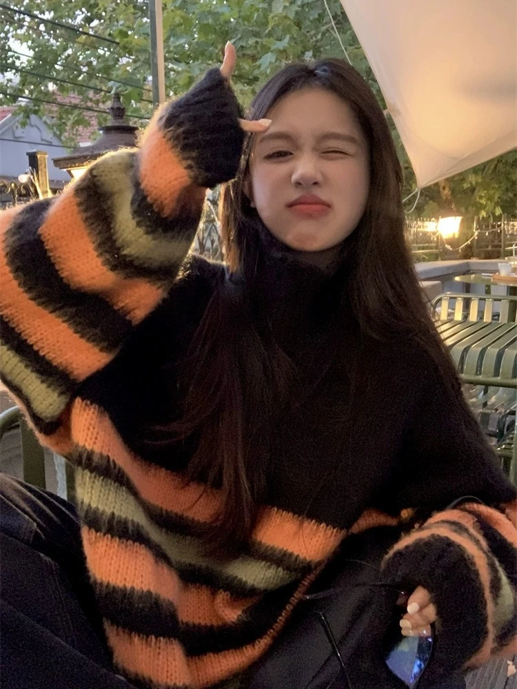 黑色针织衫毛衣女秋冬慵懒风复古高腰条纹设计感小众宽松百搭上衣