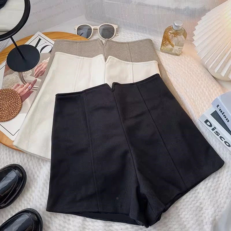 毛呢短裤女2023秋冬新款高腰大码外穿休闲阔脚裤显瘦休闲打底靴裤