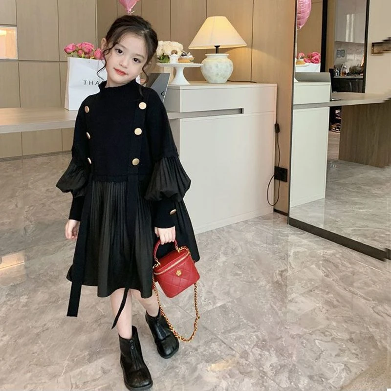 童装中大女童连衣裙春秋装赫本风黑色设计感拼接毛线裙儿童百褶裙
