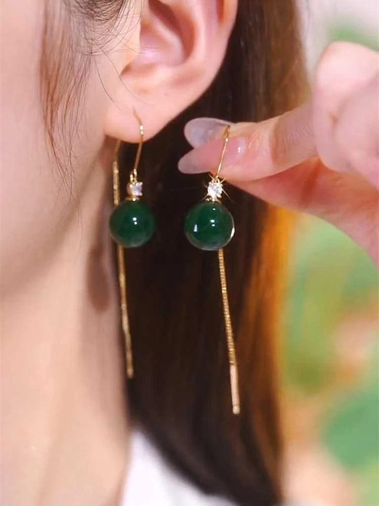 铜合金耳饰 绿色珠珠流苏耳线时尚气质显脸瘦春节新款妈妈女耳环