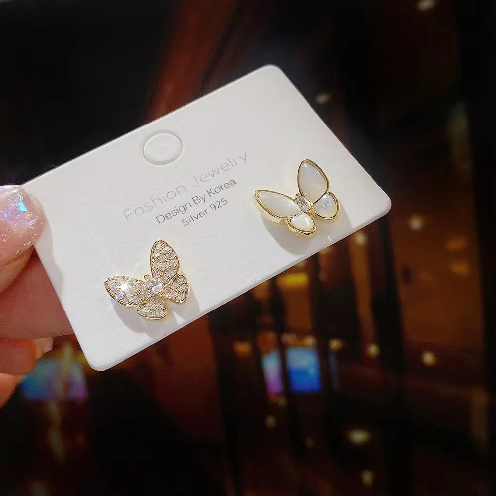 铜合金耳饰 潮女时尚AB款不对称蝴蝶耳钉天然耳环女N0852