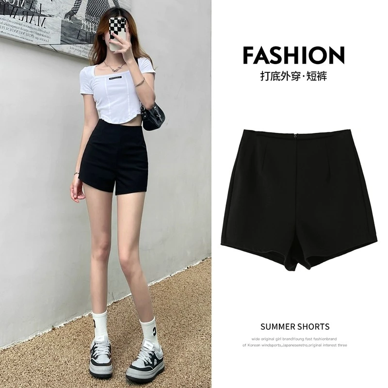 诠裳.黑色短裤百搭春夏外穿高腰显瘦辣妹打底弹力热裤韩版防走光.