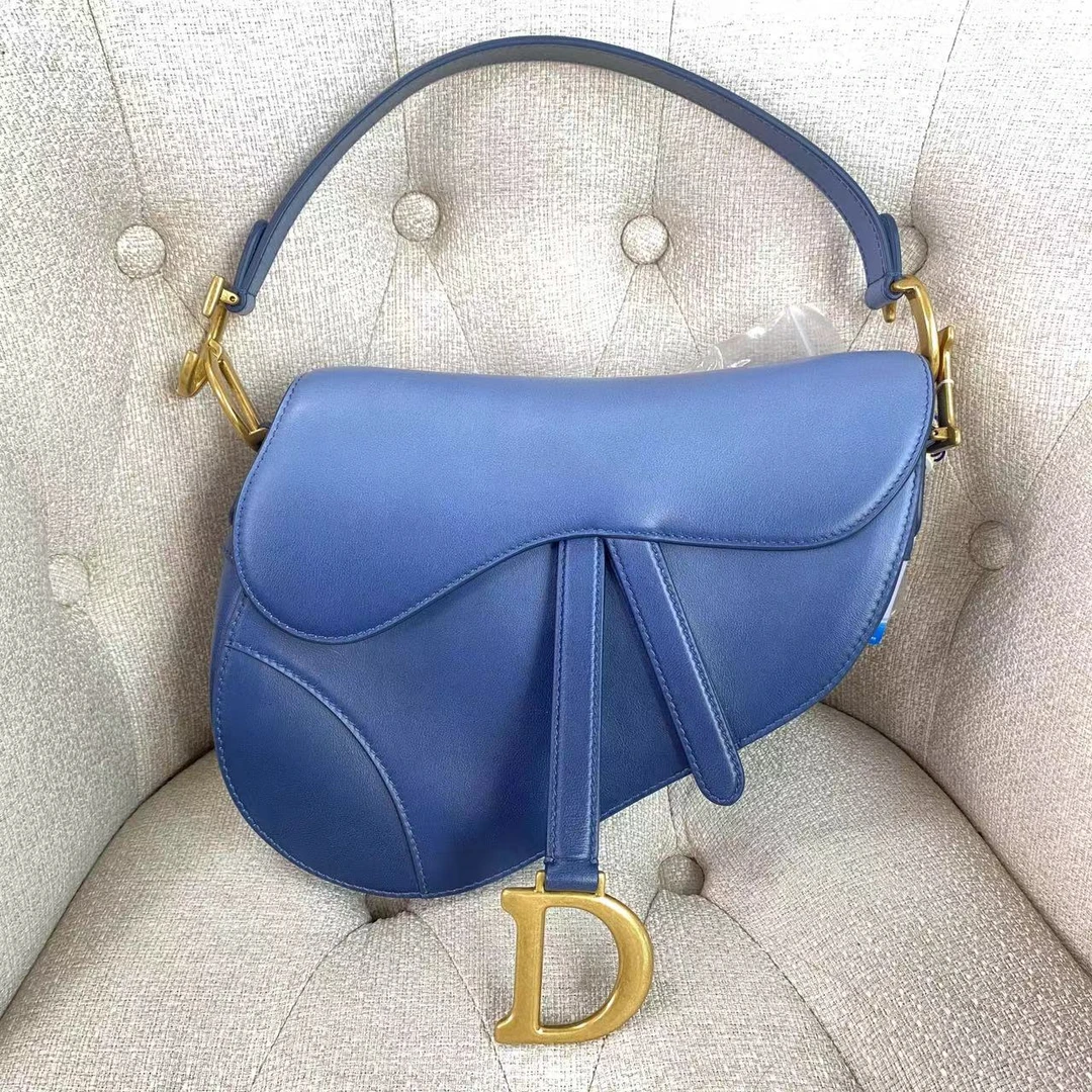 95新 DIOR/迪奥 二手全原 渐变蓝牛皮中号马鞍包