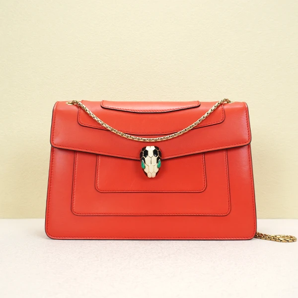95新 BVLGARI/宝格丽 红色牛皮中号单肩链条蛇头包奢侈时尚