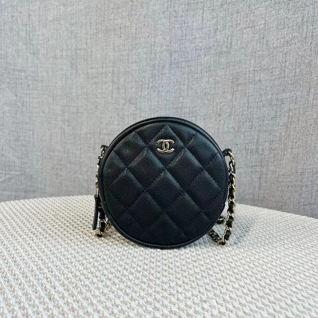 95新 Chanel/香奈儿 黑金荔枝纹牛皮小圆饼链条包单肩菱格