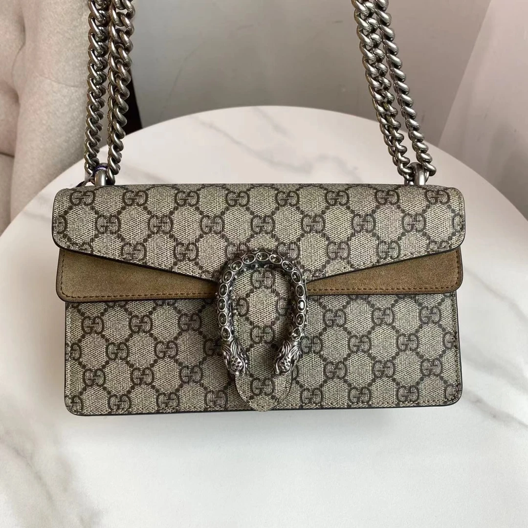 95新 GUCCI/古驰 古驰新款钻扣驼色小号酒神包老花链条包