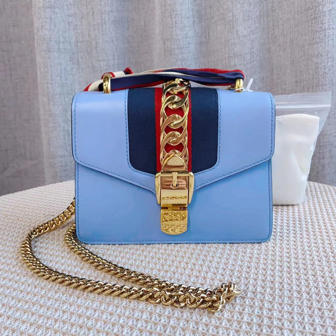 95新 GUCCI/古驰 二手古驰Sylvie蓝色小号丝带包