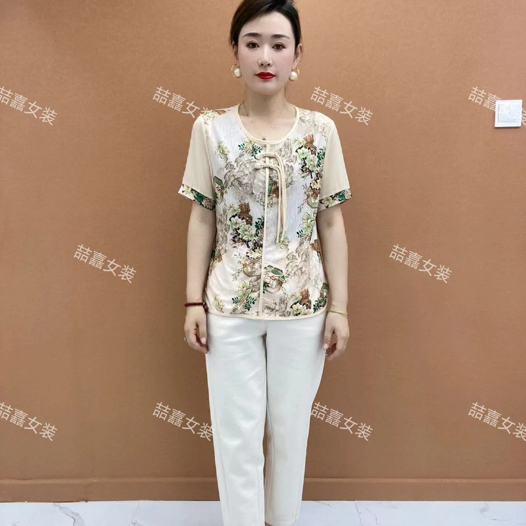 【喆嚞】短袖夏季圆领提花女士宽松显瘦洋气妈妈装上衣