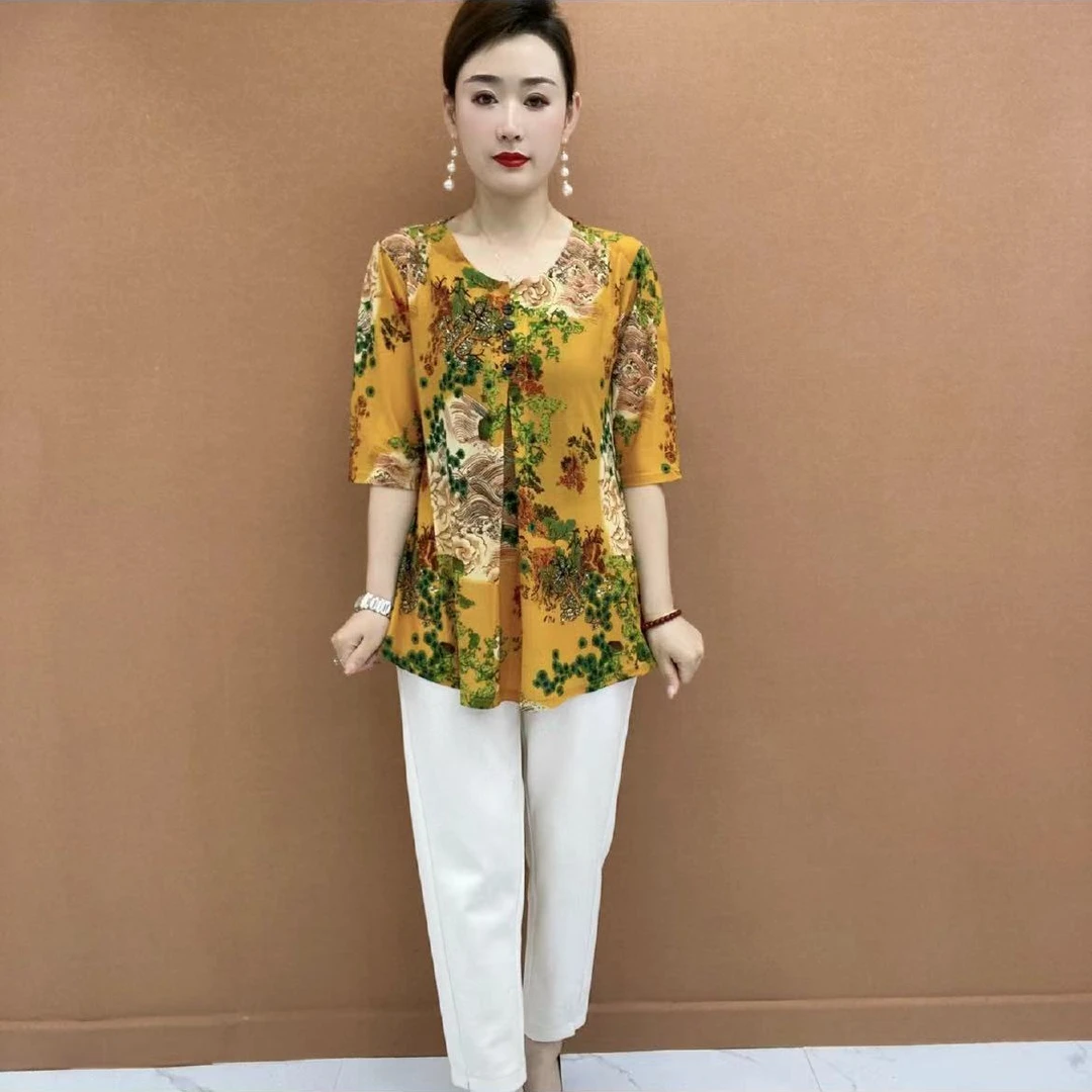 中长款大码显瘦洋气印花上衣妈妈装圆领   T恤