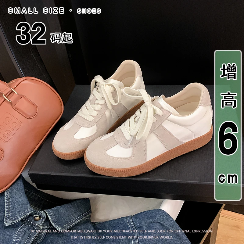 6cm【33码起】内增高德训鞋女真皮复古新款透气休闲小白板鞋女厚底