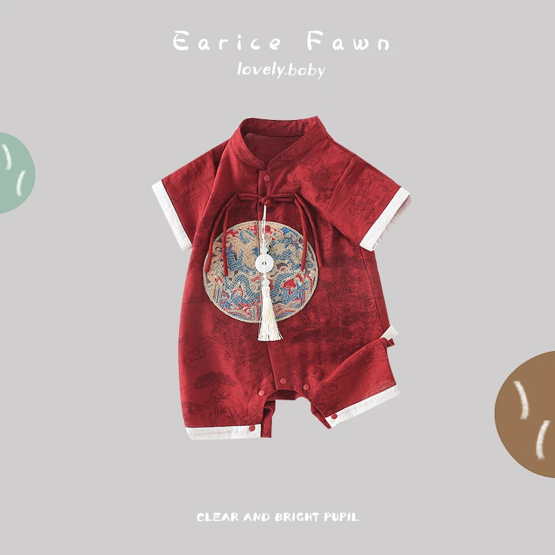 YM婴儿夏季衣服薄款哈衣男女宝宝夏装满月百天中国风连体衣超萌2