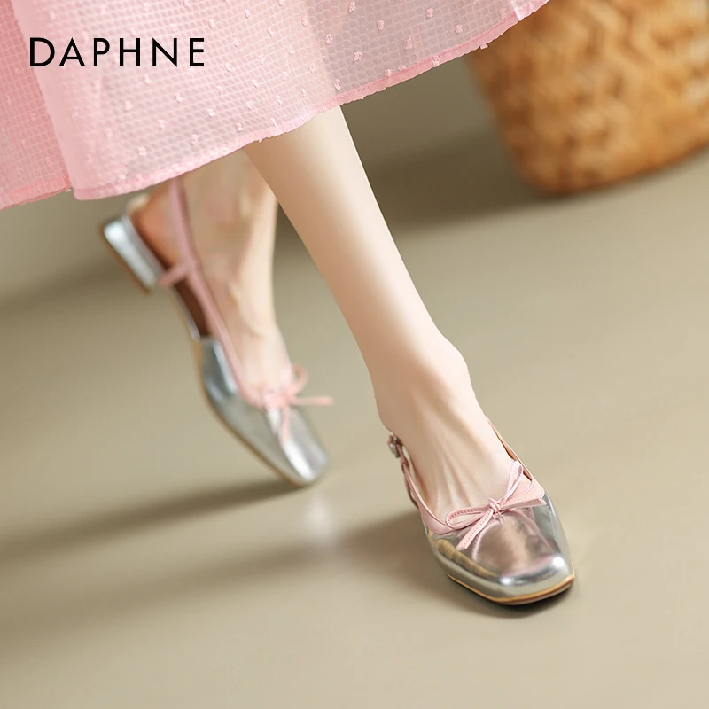 达芙妮方头浅口拼色蝴蝶结低跟后空包头凉鞋女夏季气质高贵凉拖鞋