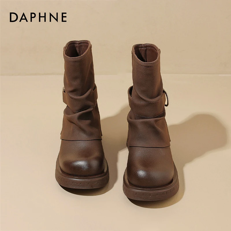 达芙妮马丁靴女款爆款2025新款正品休闲胖MM粗跟显瘦百搭西部靴