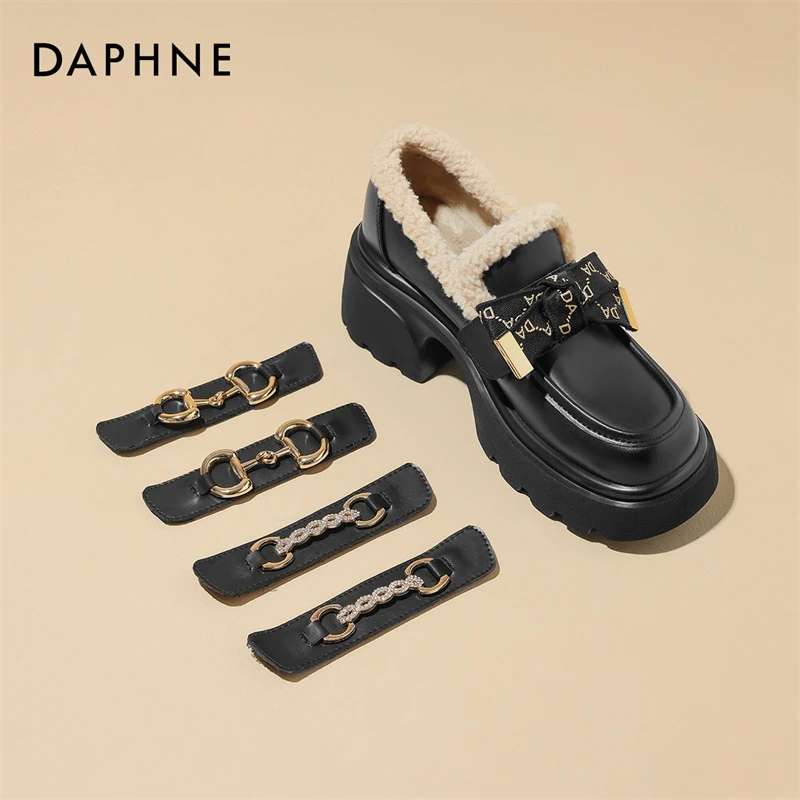 达芙妮高跟乐福鞋女冬季加绒棉鞋2025新款厚底毛绒单鞋英伦小皮鞋