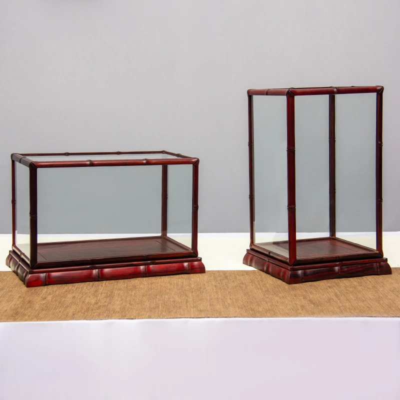 新中式天然实木红酸枝竹节宝笼玻璃罩古董摆件工艺品展示盒防尘罩