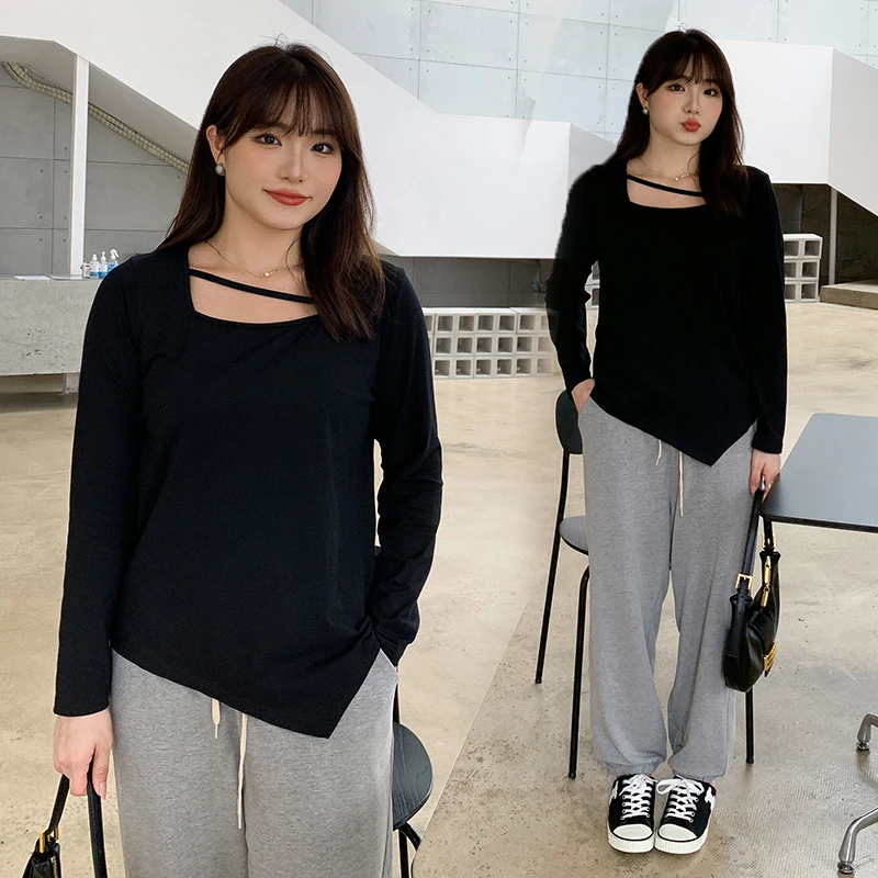 大码女装遮肉肚减龄正肩炸街T恤3095