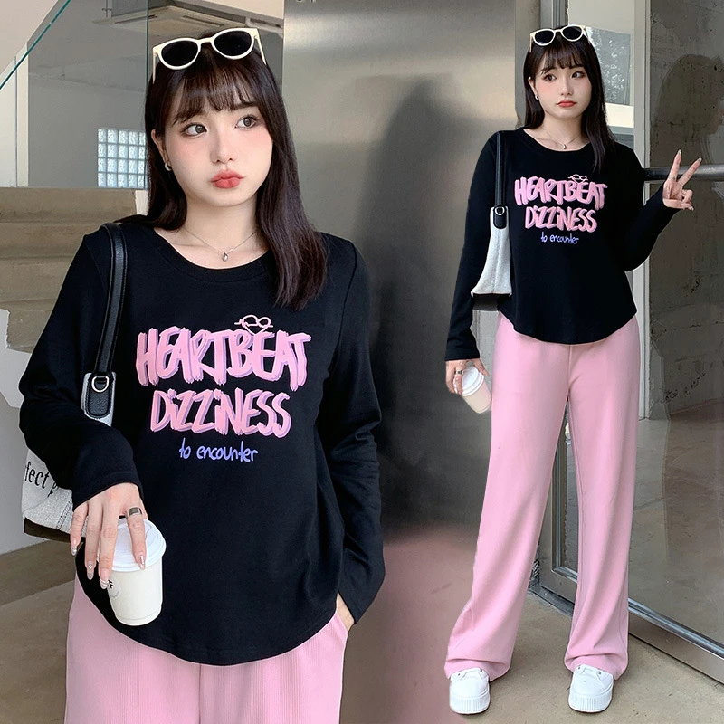 大码女装印花T恤胖妹妹春秋季打底衫3109