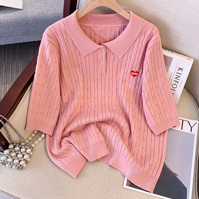 POLO领针织衫大码女装220斤胖妹妹mm减龄T恤高级感织上衣 9172