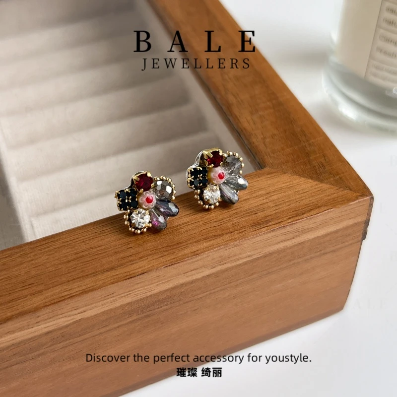 铜合金合成锆石耳饰 E1453  气质轻奢百搭复古小众彩色甜美耳钉
