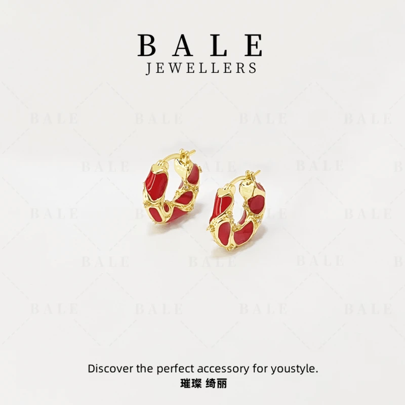 铜合金耳饰 E1354 轻奢复古编织红色法式设计师中古耳钉