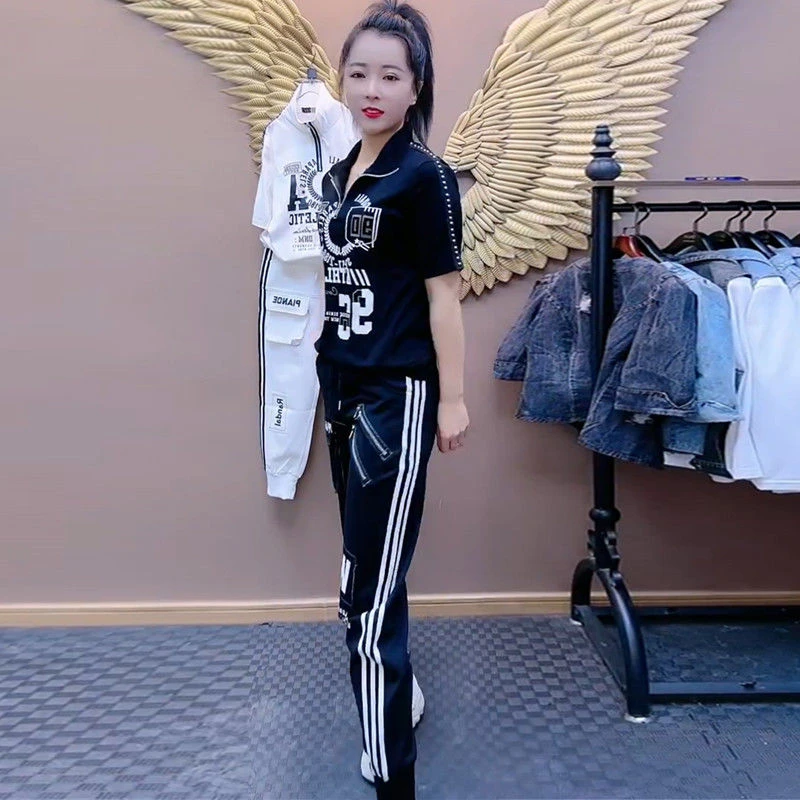 2023运动套装女夏季半拉链短袖t拉链长裤休闲工装两件套女显瘦