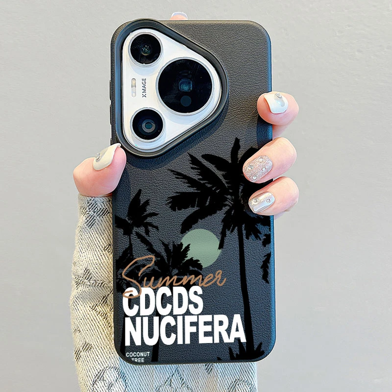 英文椰树适用华为pura70Pro手机壳皮纹Mate60/50个性防摔保护套软