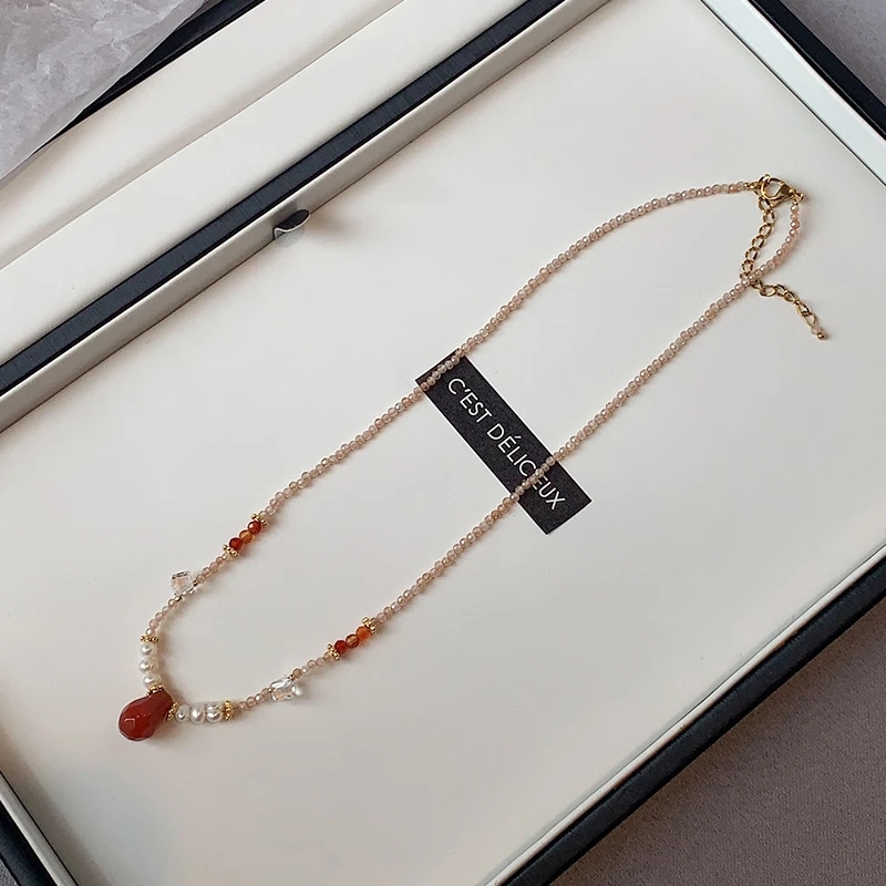 红玛瑙项链水滴天然石粉色串珠颈链女小众清新田园风高级感锁骨链