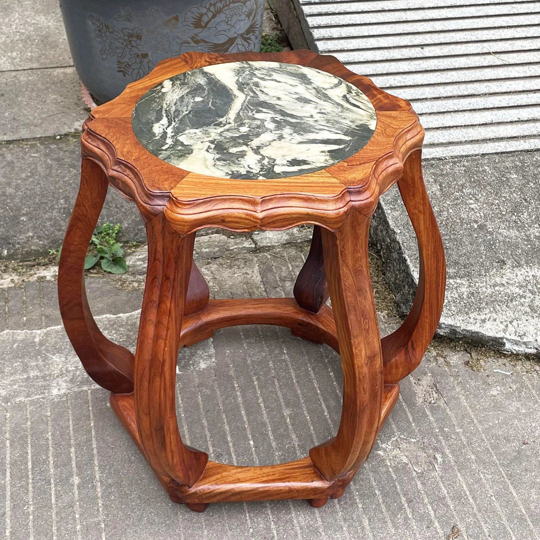 红木家具古典明式镶云石海棠凳圆鼓凳大果紫檀新中式换鞋凳矮凳