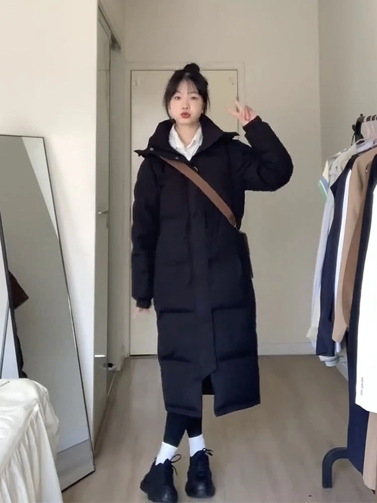 中戏长款羽绒衣棉服女冬季过膝加厚外套宽松连帽棉衣棉袄2023年新