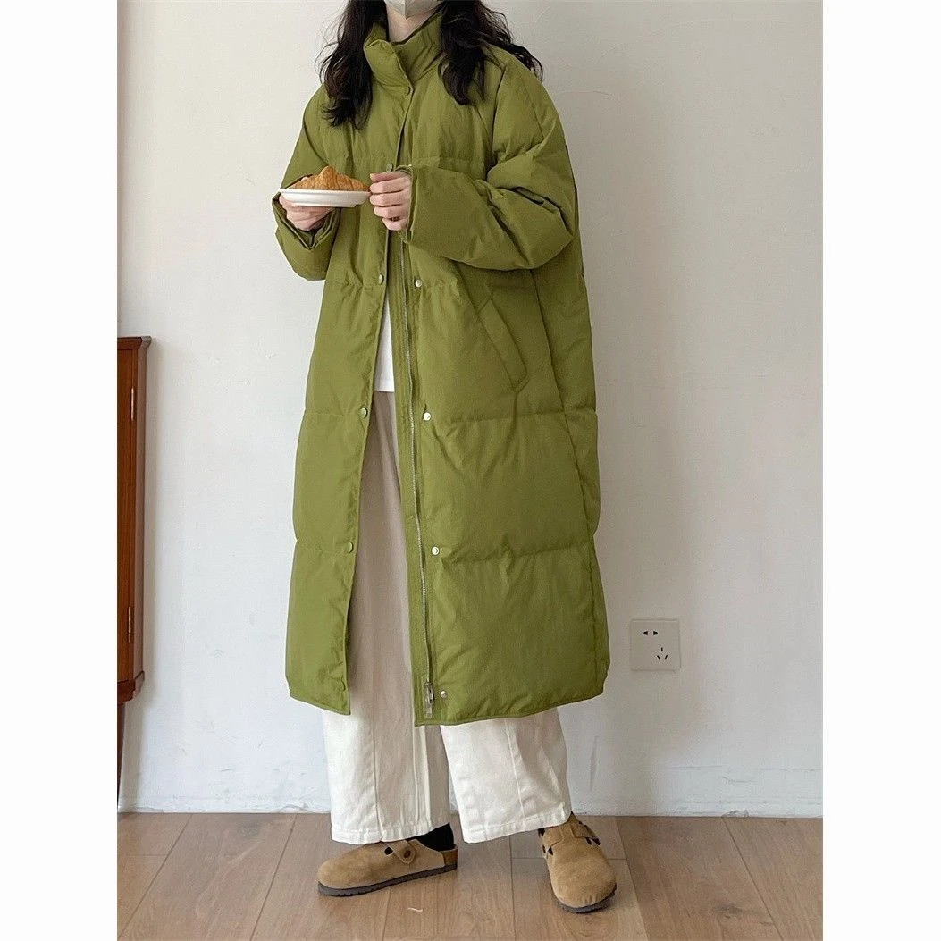 韩都衣舍AMH羽绒服女2023新款中长款韩版简约宽松白鸭绒冬季外套