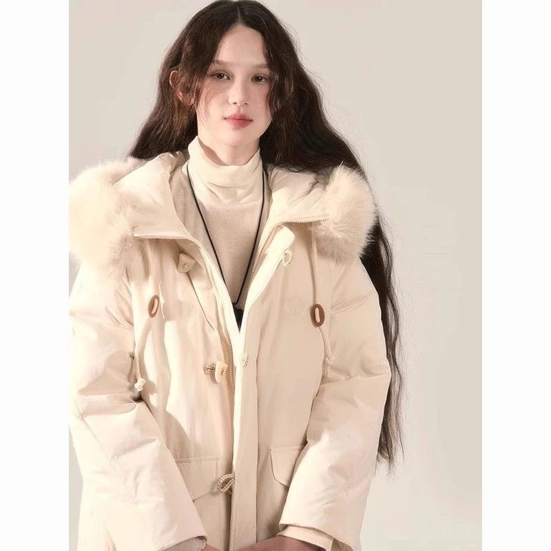 冬季新款中长款复古甜美少女感保暖毛领连帽牛角扣高密羽绒服外套