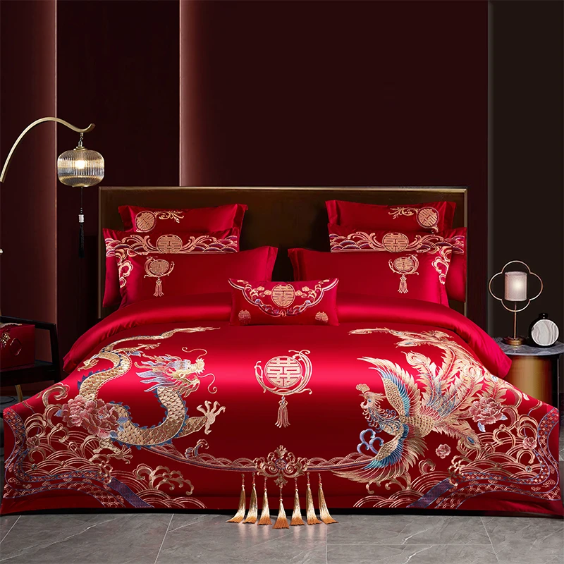 富安娜中式龙凤高级刺绣结婚四件套红色纯棉被套喜庆婚庆床上用品