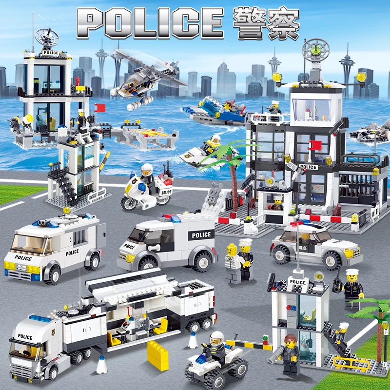 开智海上警察局飞机摩托城市守卫者警车模型乐拼高装玩具男生